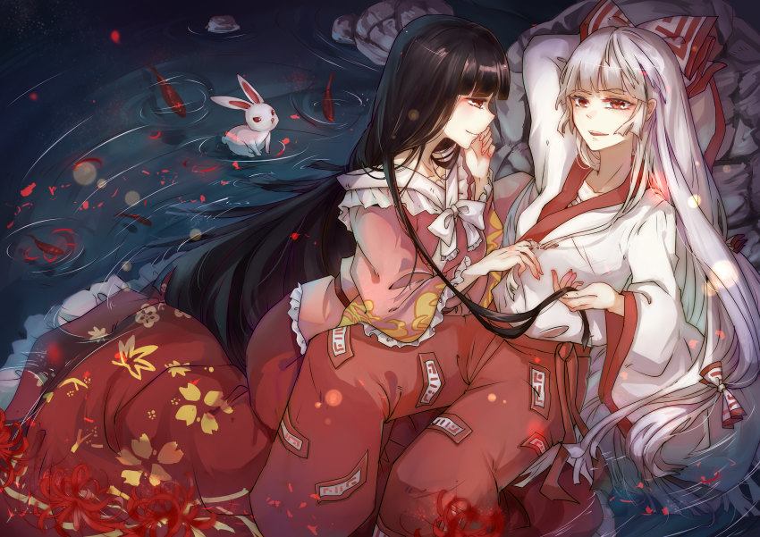 2girls absurdres adapted_costume aili_(aliceandoz) arm_behind_head black_hair blunt_bangs bow collar couple fish frilled_collar frilled_shirt frilled_shirt_collar frilled_skirt frills fujiwara_no_mokou hair_bow hand_on_own_cheek hand_on_own_face highres hime_cut holding_another&#039;s_hair houraisan_kaguya japanese_clothes leaf leaf_print light_particles long_hair long_skirt long_sleeves looking_at_another lying maroon_skirt moon_print multiple_girls on_side open_mouth pants partially_submerged pink_shirt playing_with_another&#039;s_hair red_eyes red_pants ripples rock sarashi shirt silver_hair sitting skirt smile suspenders suspenders_slip touhou very_long_hair water white_shirt wide_sleeves yuri