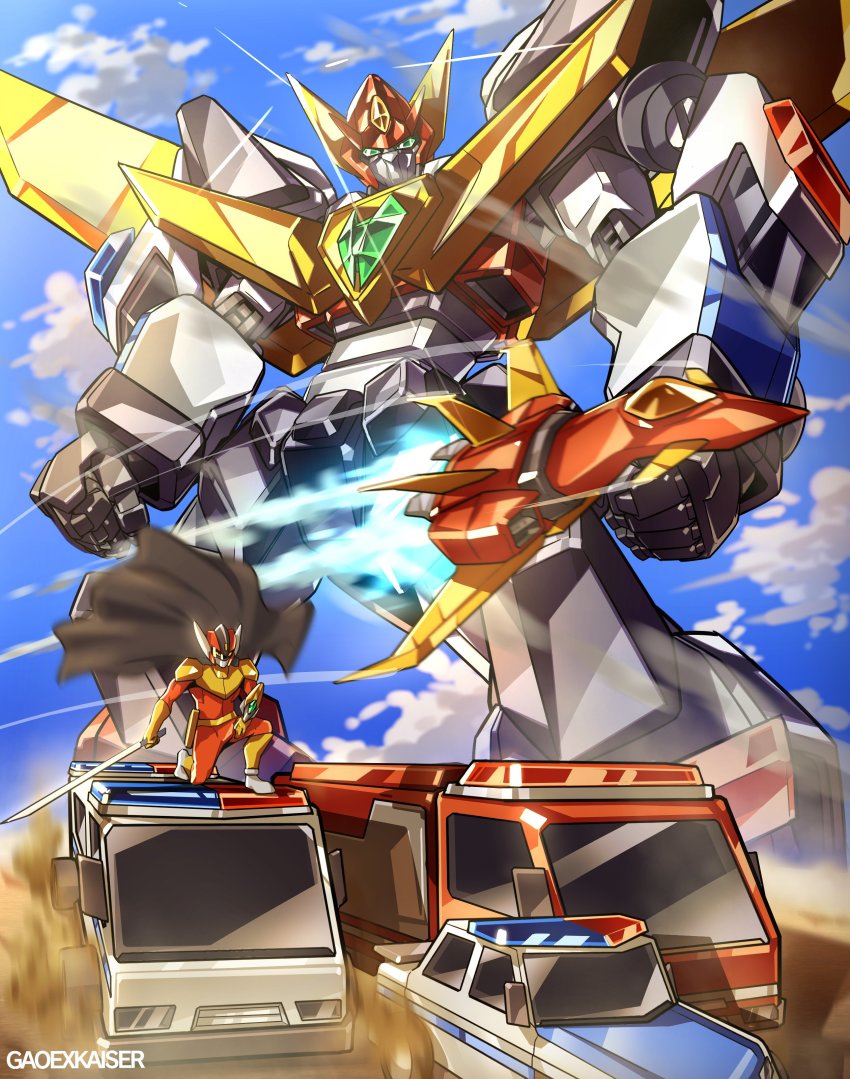 1boy absurdres aircraft airplane car cloud commentary english_commentary fire_truck flying gao_ex_kaiser green_eyes helmet highres holding holding_sword holding_weapon jet katana looking_at_viewer mecha motor_vehicle original police_car robot science_fiction sky super_robot sword truck weapon