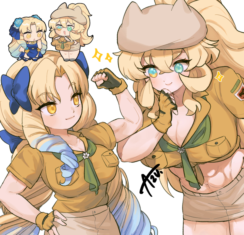 2girls abs aqua_eyes astraea_(fate) azu_(kirara310) barghest_(fate) barghest_(swimsuit_archer)_(fate) barghest_(swimsuit_archer)_(first_ascension)_(fate) beret blonde_hair bow breasts chibi cleavage commentary_request drill_hair fate/grand_order fate_(series) fingerless_gloves flexing gloves hair_bow hat highres large_breasts long_hair matching_outfits midriff multiple_girls muscular muscular_female navel ponytail signature smile white_background yellow_eyes