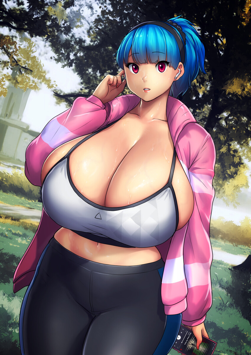 1girl absurdres black_pants breasts cellphone cleavage cowboy_shot earbuds earphones erkaz hand_up highres holding holding_phone huge_breasts jacket looking_at_viewer midriff navel original outdoors pants phone pink_jacket ponytail red_eyes rina_atherina shadow short_hair skindentation smartphone solo sports_bra sweat tree veins veiny_breasts wireless_earphones