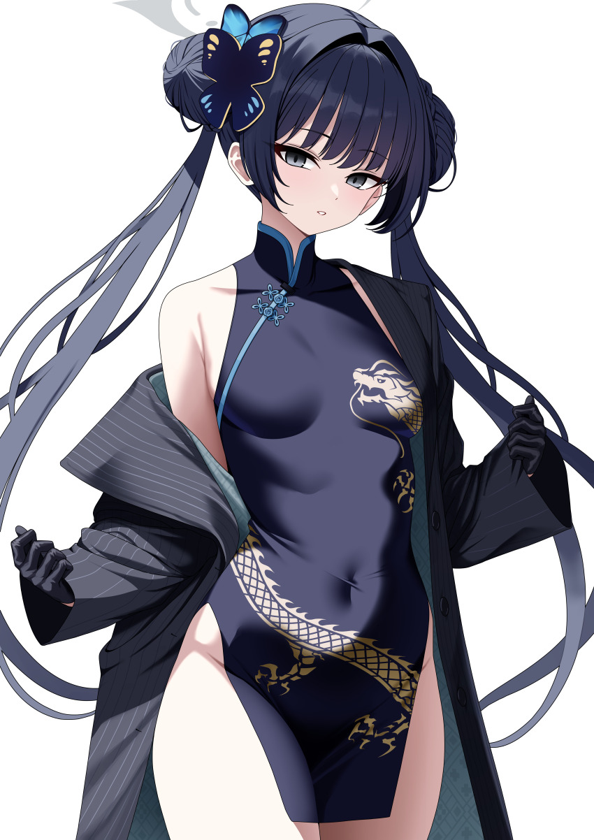 1girl absurdres bare_shoulders black_dress black_gloves black_hair blue_archive blush braid braided_bun breasts butterfly_hair_ornament china_dress chinese_clothes coat covered_navel double_bun dragon_print dress gloves grey_coat grey_eyes grey_halo hair_bun hair_ornament halo highres jacket kisaki_(blue_archive) long_hair looking_at_viewer off_shoulder pelvic_curtain pinstripe_jacket pinstripe_pattern print_dress simple_background sleeveless sleeveless_dress small_breasts solo striped_clothes striped_jacket tewaki thighs twintails vertical-striped_clothes vertical-striped_jacket white_background