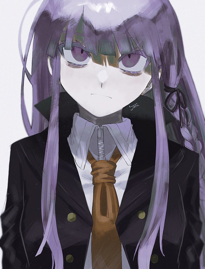 1girl black_jacket black_ribbon blunt_bangs braid brown_necktie closed_mouth collared_shirt commentary danganronpa:_trigger_happy_havoc danganronpa_(series) frown hair_ribbon highres jacket joh_pierrot kirigiri_kyoko long_hair looking_at_viewer necktie purple_eyes purple_hair ribbon shiny_skin shirt side_braid simple_background single_braid solo striped upper_body white_background white_shirt