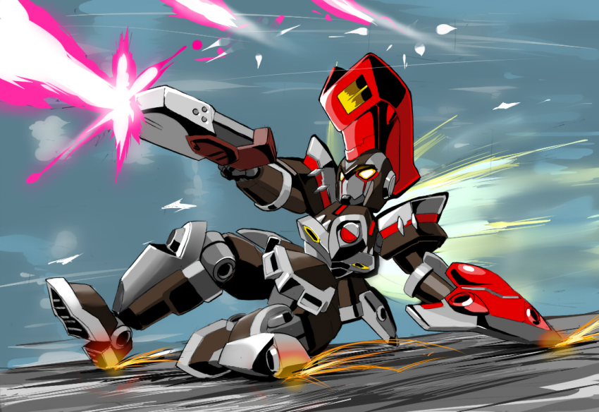 achilles_deed character_request danball_senki danball_senki_w energy_gun firing mecha monokuro_rabbit no_humans parody robot sliding vanquish_(platinumgames_inc.) weapon