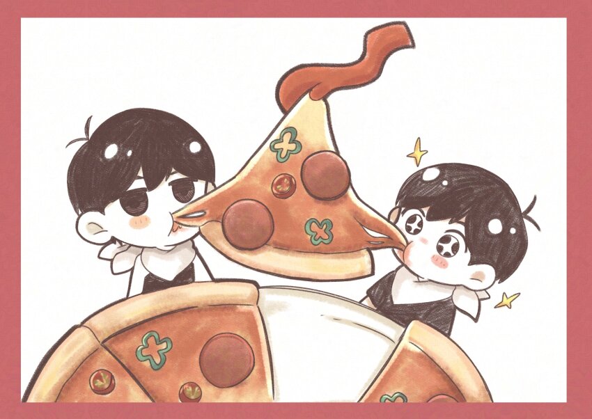 +_+ 2boys black_eyes black_hair blush_stickers closed_mouth colored_skin eating expressionless food highres male_focus multiple_boys omori omori_(omori) pizza pizza_slice shirotsume_143 short_hair sunny_(omori) white_skin