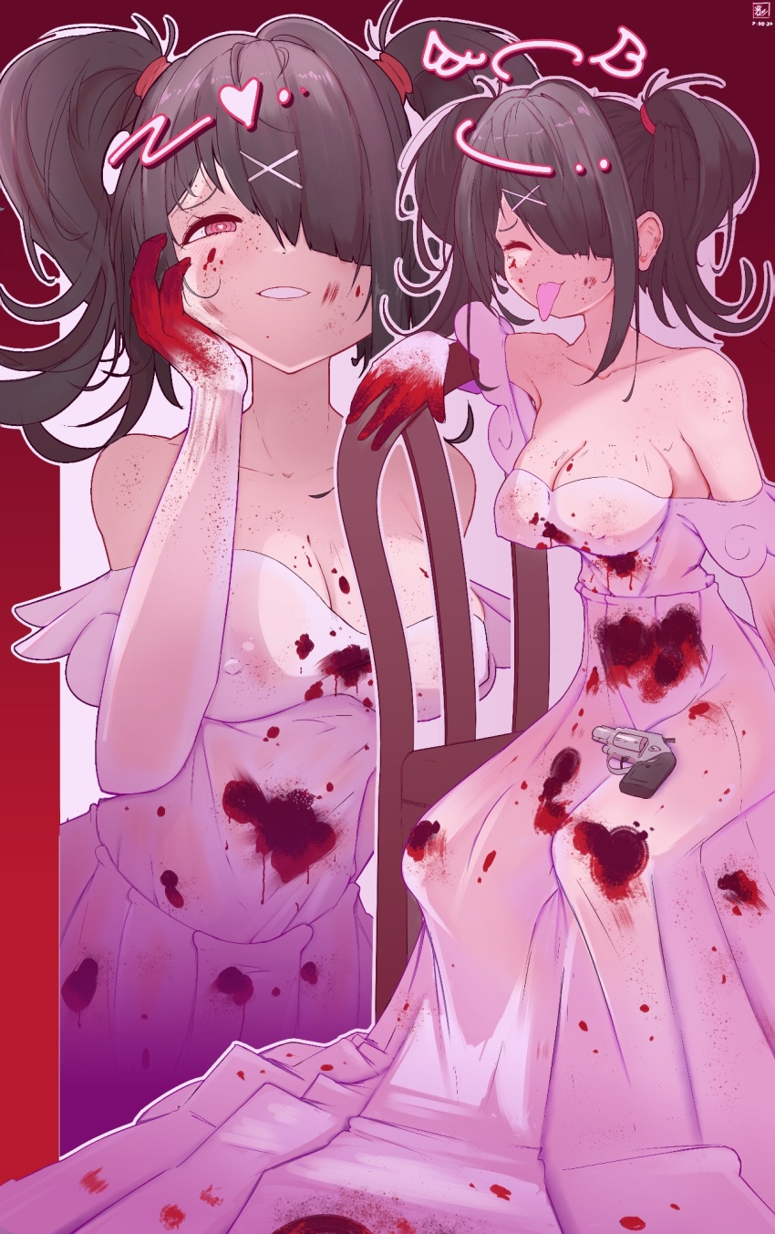 1girl 2024 ame-chan_(needy_girl_overdose) bare_shoulders black_hair blood blood_on_chest blood_on_clothes blood_on_face blood_on_gloves border breasts chair cleavage collarbone covered_erect_nipples dated drawn_halo dress elbow_gloves gloves gun hair_ornament hair_over_one_eye halo hand_on_chair hand_on_own_cheek hand_on_own_face heart heart-shaped_pupils highres large_breasts looking_at_viewer medium_hair multiple_views needy_girl_overdose off-shoulder_dress off_shoulder official_alternate_costume outline red_background red_border red_eyes saturnsh2x2 sitting skindentation symbol-shaped_pupils tongue tongue_out twintails watermark weapon weapon_on_lap white_background white_dress white_gloves white_outline x_hair_ornament yandere yandere_trance