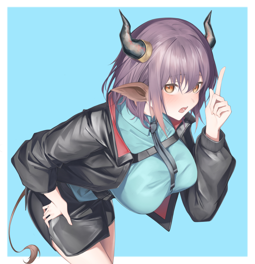 1girl animal_ears arknights blue_background blush breasts hand_on_own_hip hanging_breasts horns jacket large_breasts necktie open_mouth pointing pointing_up purple_hair r_oot sideroca_(arknights) skirt tail yellow_eyes