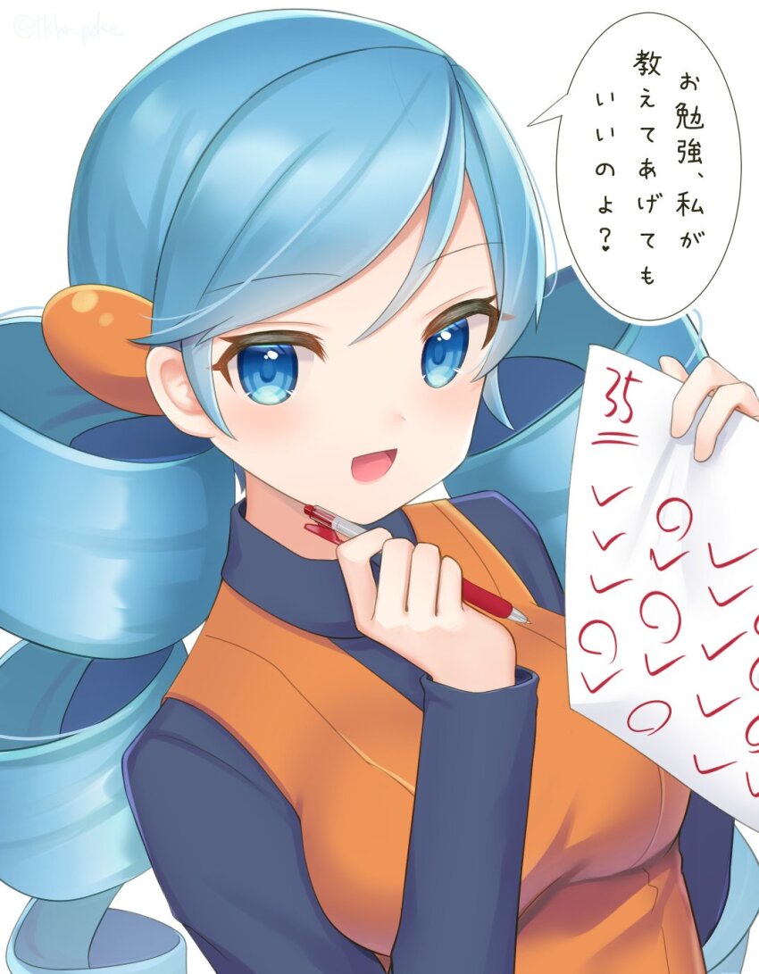 ace_trainer_(pokemon) blue_eyes blue_hair breasts creatures_(company) drill_hair game_freak highres long_hair medium_breasts nintendo open_mouth paper pen pokemon pokemon_bw smioe takahara twin_drills twintails