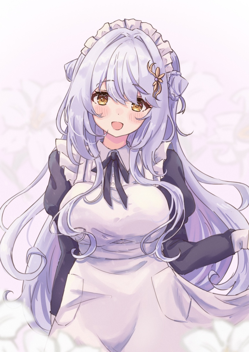 1girl absurdres alternate_costume apron black_bow black_bowtie black_dress blurry blurry_background blush bow bowtie breasts commentary dress enmaided floral_background flower frilled_apron frills grey_hair hair_between_eyes hair_intakes highres juliet_sleeves kohaku_yuri large_breasts long_hair long_sleeves looking_at_viewer maid maid_apron maid_headdress nanashi_inc. open_mouth pocket puffy_sleeves shishishi smile solo virtual_youtuber white_apron white_flower yellow_eyes