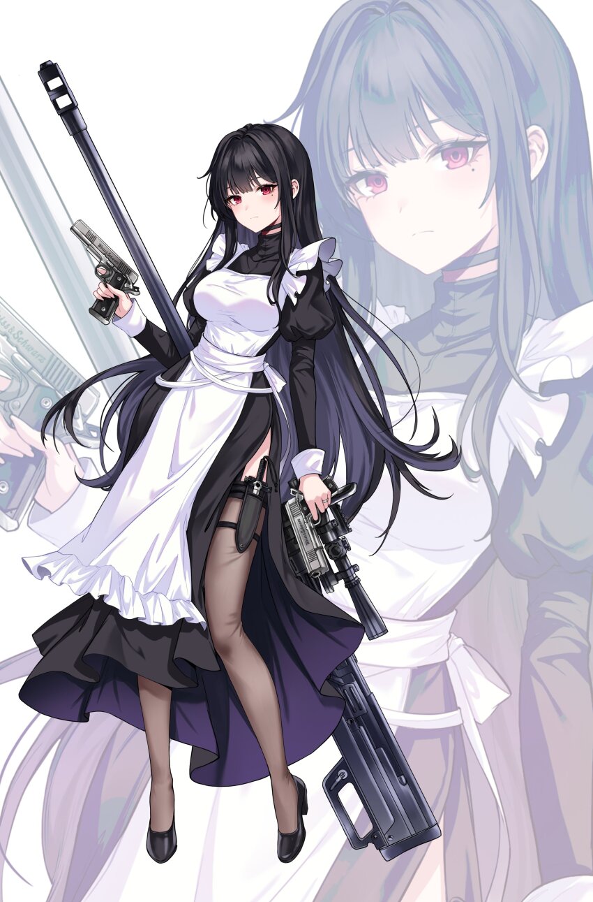 1girl absurdres apron black_choker black_dress black_footwear black_hair blush breasts choker closed_mouth commission dress dual_wielding expressionless finger_on_trigger frilled_apron frills gun handgun high_heels highres holding holding_gun holding_weapon holster holstered jewelry juliet_sleeves knife_sheath large_breasts long_hair long_sleeves looking_at_viewer maid maid_apron minj_kim mole mole_under_eye original puffy_sleeves pumps purple_dress red_eyes rifle ring scope sheath side_slit sniper_rifle split_mouth thigh_holster thigh_sheath thighhighs two-sided_dress two-sided_fabric two-tone_dress very_long_hair weapon weapon_on_back white_apron zoom_layer