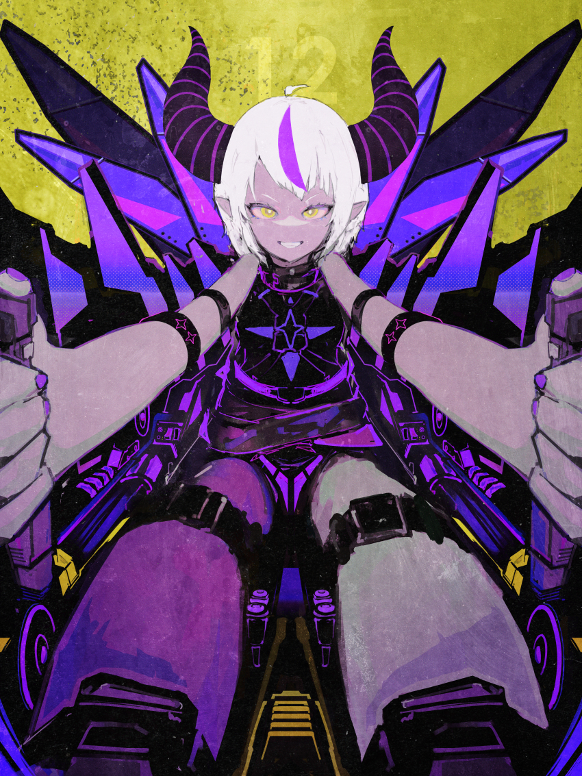 1girl absurdres ahoge alternate_costume alternate_hairstyle armband controller demon_girl demon_horns hair_between_eyes highres holding holding_controller hololive horns la+_darknesss long_hair looking_at_viewer mecha multicolored_hair open_mouth pointy_ears purple_hair purple_nails robot short_hair single_leg_pantyhose sleeveless smile solo streaked_hair striped_horns teeth thigh_strap virtual_youtuber white_hair yellow_background yellow_eyes yto9