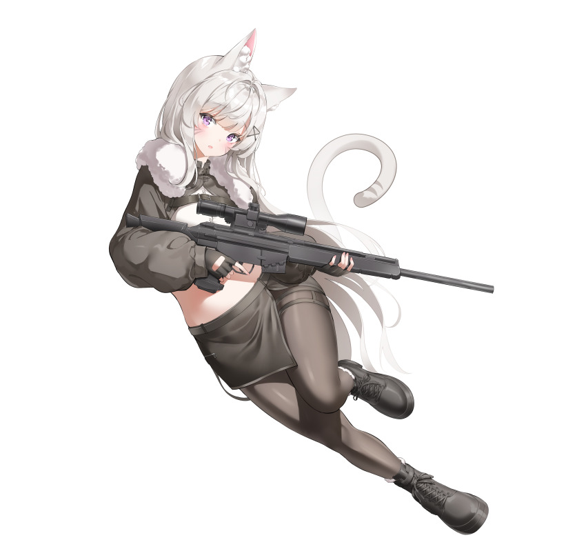 1girl absurdres animal_ear_fluff animal_ears black_footwear black_gloves black_jacket black_pantyhose black_skirt buttons cat_ears cat_girl cat_tail coat commission crop_top facial_mark fingerless_gloves full_body fur-trimmed_coat fur_trim gloves gun h&amp;k_psg1 highres holding holding_gun holding_weapon jacket keibeam leg_up long_hair long_sleeves looking_at_viewer midair midriff miniskirt open_clothes open_jacket open_mouth original pantyhose puffy_long_sleeves puffy_sleeves purple_eyes resia_(emonmong) rifle scope shirt shoes side_slit simple_background skirt sniper_rifle solo stomach tail tail_raised thigh_strap trigger_discipline very_long_hair weapon white_background white_hair white_shirt