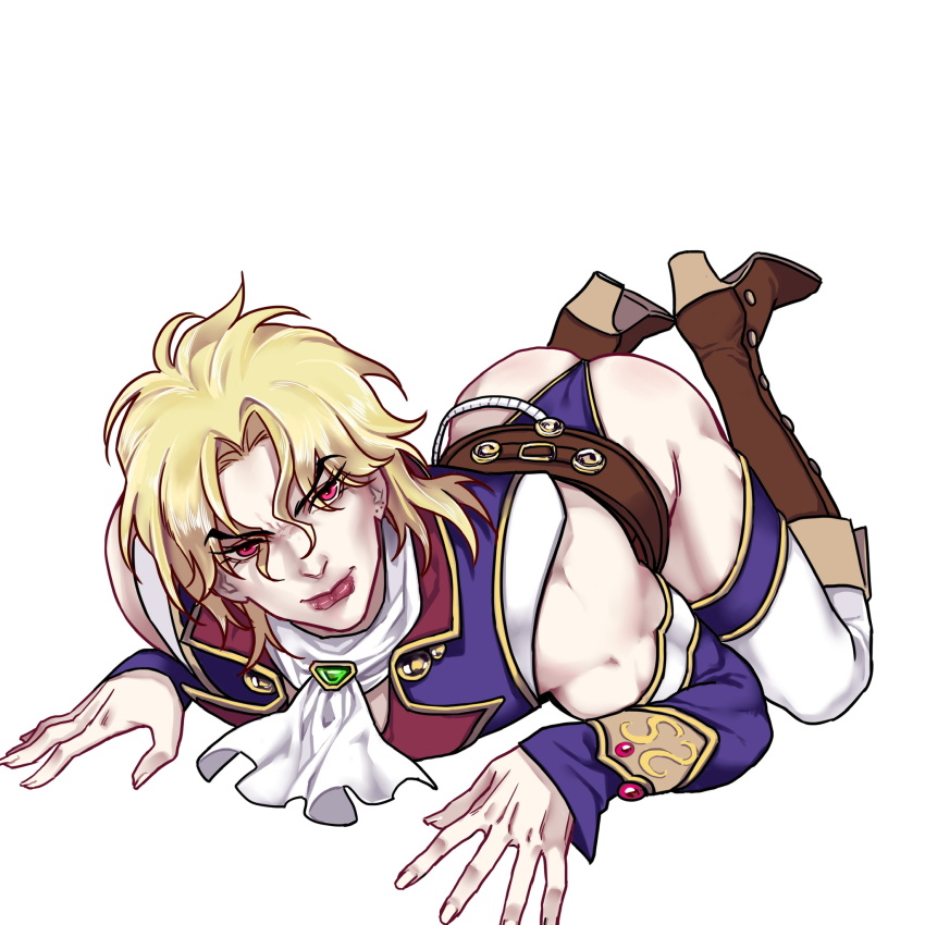 1boy ascot ass blonde_hair boots detached_sleeves dio_brando ear_birthmark full_body highres huang_lia jojo_no_kimyou_na_bouken lips long_hair looking_at_viewer male_focus phantom_blood phantom_blood_(film) red_eyes revealing_clothes simple_background smile solo top-down_bottom-up white_background