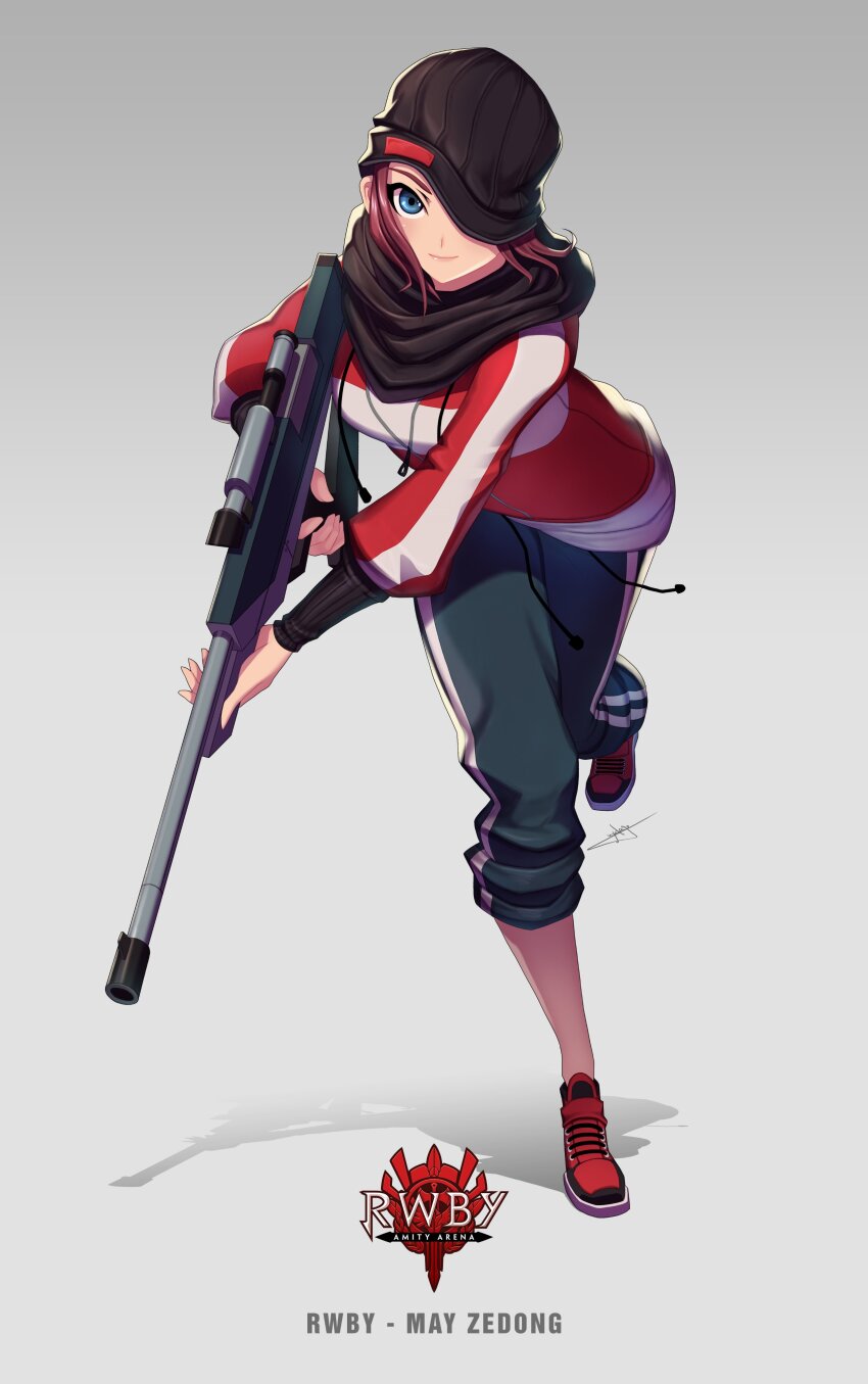 1girl absurdres beanie black_hat black_scarf blue_eyes blue_pants character_name closed_mouth copyright_logo copyright_name full_body gun hat hat_over_one_eye highres holding holding_gun holding_weapon hood hoodie long_sleeves may_zedong official_art pants pink_hair red_footwear red_hoodie rifle rwby scarf scope shoes short_hair signature simple_background smile sniper_rifle solo track_pants two-tone_hoodie uyalago weapon white_hoodie