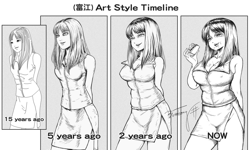 1girl arm_behind_back arms_behind_back artist_progress bosstseng breasts cake cleavage clip_studio_paint_(medium) commentary_request covered_erect_nipples drooling food food_on_face greyscale groin highres holding holding_food kawakami_tomie large_breasts medium_breasts miniskirt mole mole_under_eye monochrome photoshop_(medium) plump side_slit signature skirt small_breasts tomie weight_gain