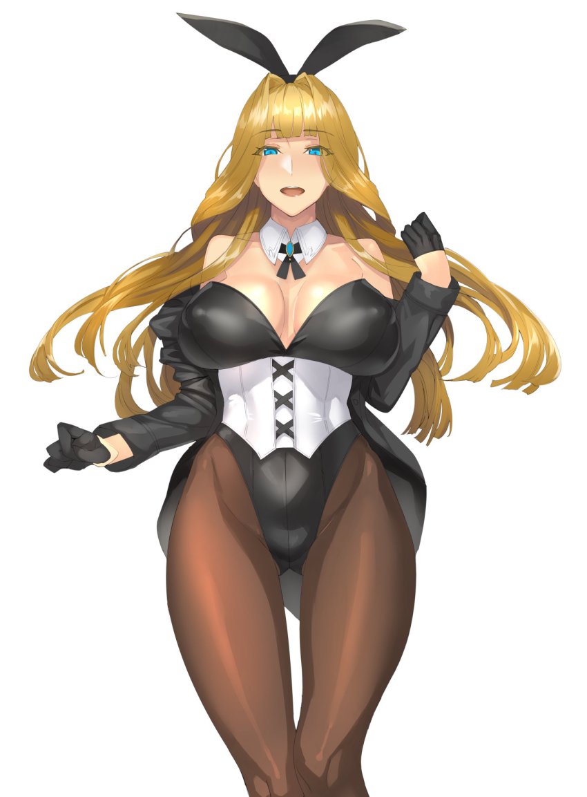 1girl :d animal_ears bare_shoulders black_gloves black_pantyhose blonde_hair blue_eyes blush breasts cleavage corset covered_erect_nipples damegane detached_collar fake_animal_ears female_focus gloves highres huge_breasts leotard long_hair looking_at_viewer open_mouth original pantyhose playboy_bunny rabbit_ears simple_background smile solo standing teeth victoria_(damegane) white_background