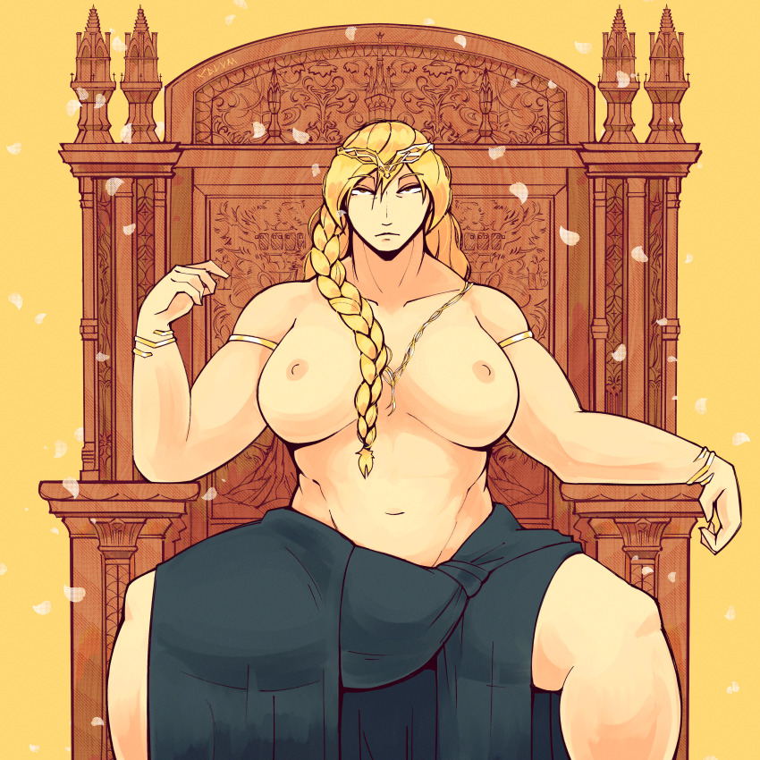 1girl absurdres armlet breasts cdlum elden_ring gold_circlet gold_diadem highres jewelry large_breasts looking_at_viewer muscular muscular_female queen queen_marika_the_eternal simple_background solo spread_legs throne topless yellow_background