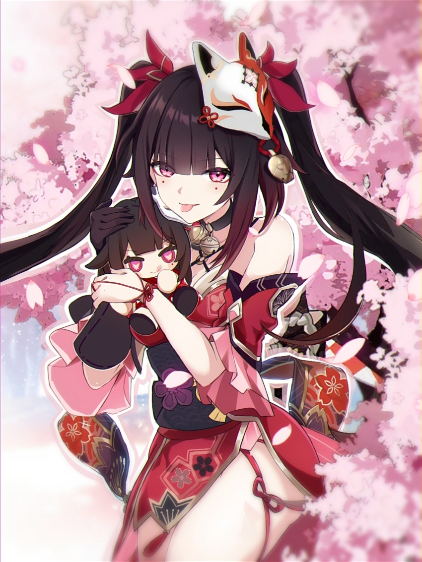 1girl bare_shoulders bell black_choker black_sash breasts brown_hair butterfly-shaped_pupils character_doll cherry_blossoms choker cleavage closed_mouth cowboy_shot criss-cross_halter detached_sleeves doll dress dual_persona falling_petals fox_mask hair_ribbon halterneck highres holding holding_doll honkai:_star_rail honkai_(series) long_hair looking_at_viewer mark_under_both_eyes mask mask_on_head neck_bell petals pink_eyes pink_petals red_dress red_ribbon ribbon saint_laurent_paris sash solo sparkle_(doll)_(honkai:_star_rail) sparkle_(honkai:_star_rail) symbol-shaped_pupils tongue tongue_out tree twintails