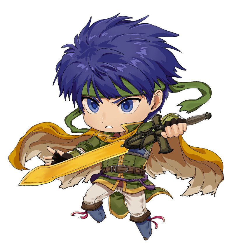 1boy blue_eyes blue_hair cape chibi commentary_request fingerless_gloves fire_emblem fire_emblem:_path_of_radiance gloves green_headband headband highres holding holding_sword holding_weapon ike_(fire_emblem) male_focus mimummom nintendo official_alternate_color parted_lips ragnell short_hair simple_background solo super_smash_bros. sword teeth weapon white_background