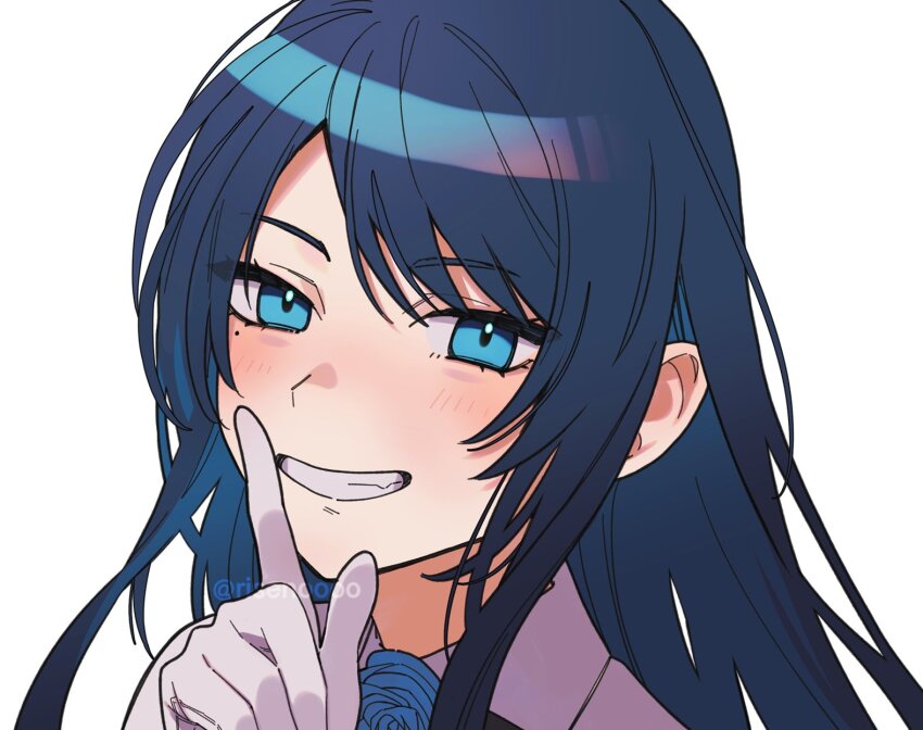 1girl ado_(utaite) blue_eyes blue_flower blue_hair blue_rose chando_(ado) clenched_teeth colored_inner_hair commentary_request flower flower_brooch gloves highres index_finger_raised long_hair mole mole_under_eye multicolored_hair open_mouth portrait riseno rose sidelocks simple_background smile solo teeth utaite white_background white_gloves