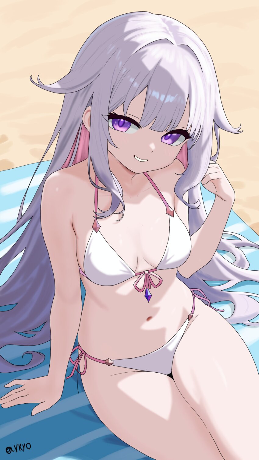 1girl absurdres beach bikini breasts highres hololive hololive_english koseki_bijou long_hair looking_at_viewer ocean purple_eyes purple_hair side-tie_bikini_bottom sitting small_breasts solo swimsuit virtual_youtuber vkyo white_bikini