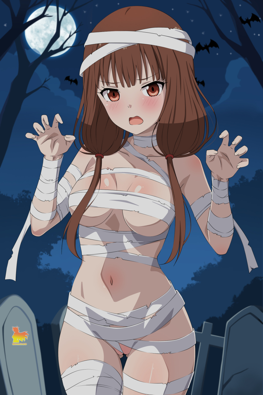 1girl absurdres artist_logo bandage_on_hair bandaged_arm bandaged_chest bandaged_head bandaged_leg bandaged_neck bandaged_torso bandages bat_(animal) blunt_bangs blush breasts brown_eyes brown_hair claw_pose halloween halloween_costume highres iino_miko kaguya-sama_wa_kokurasetai_~tensai-tachi_no_renai_zunousen~ logo long_hair looking_at_viewer low_twintails metaminegl mummy_costume navel open_mouth solo twintails