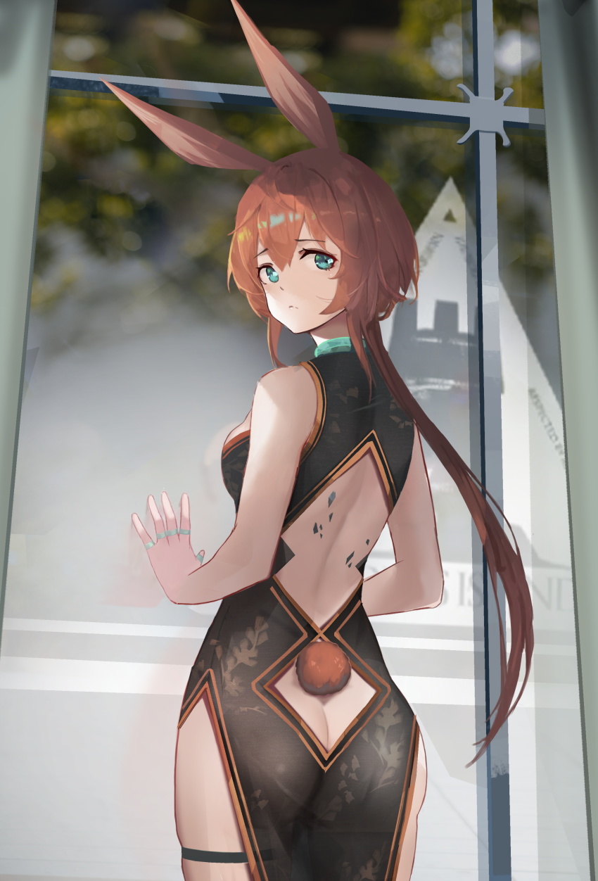 1girl absurdres alternate_costume amiya_(arknights) animal_ears arknights ass back_cutout black_dress blue_eyes china_dress chinese_clothes clothing_cutout cowboy_shot dress from_behind hair_between_eyes highres huai_chuan jewelry long_hair looking_at_viewer material_growth multiple_rings oripathy_lesion_(arknights) ponytail rabbit_ears rabbit_girl rabbit_tail rhodes_island_logo_(arknights) ring solo tail tail_through_clothes thigh_strap thumb_ring very_long_hair