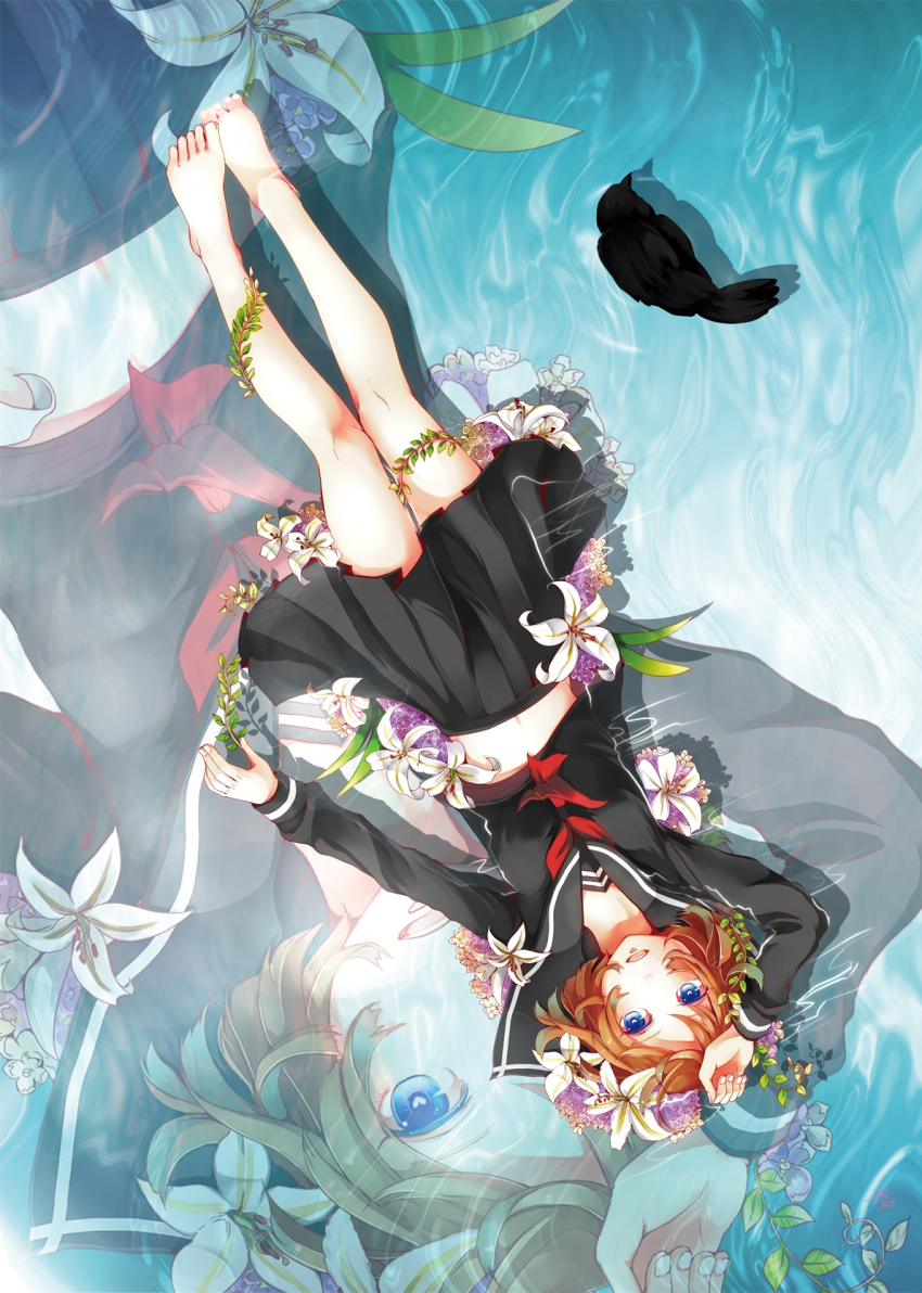 1girl barefoot bird black_serafuku blue_eyes brown_hair crow female_focus flower harunohotaru highres legs midriff navel open_mouth original plant school_uniform serafuku short_hair skirt smile solo upside-down vines water zoom_layer