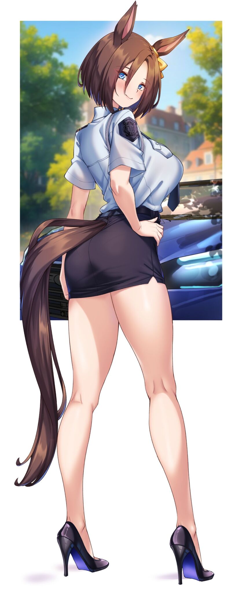 1girl absurdres air_groove_(umamusume) animal_ears bare_legs black_footwear black_skirt blue_eyes blue_sky breasts brown_hair car commentary_request from_behind full_body gloves high_heels highres horse_ears horse_girl horse_tail large_breasts looking_at_viewer looking_back motor_vehicle outdoors police police_uniform policewoman shirokuma_a shoes short_hair skirt sky solo standing tail umamusume white_background white_gloves