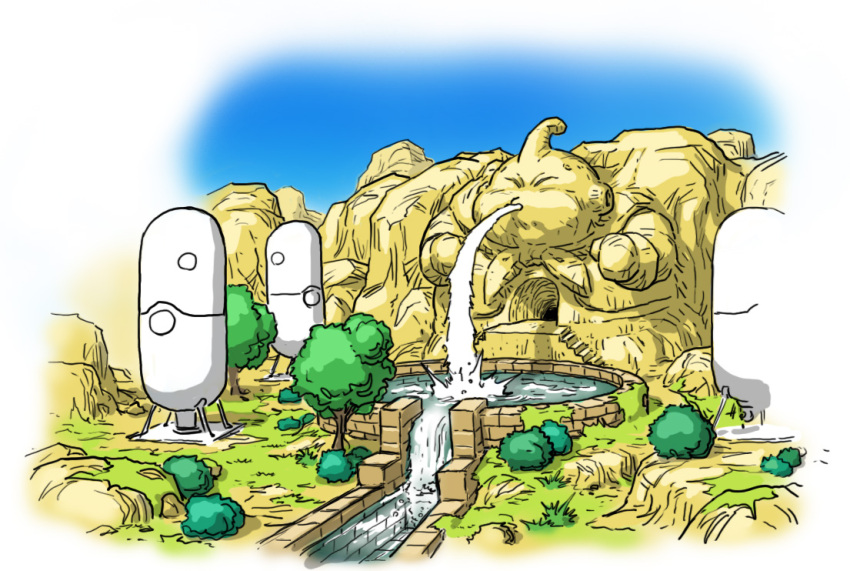 blue_sky border bush canal carving cave commentary_request concept_art day dragon_ball dragon_ball_online dragonball_z fat_buu fountain grass landscape majin_buu mikidai7 moss nature no_humans official_art rock sky stairs tree water white_border