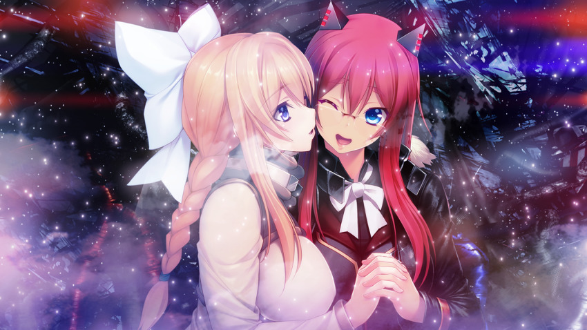 2girls ;d aso_kiriri black_jacket black_shirt blonde_hair blue_eyes bow bowtie braid braided_ponytail couple dress_shirt game_cg glasses hair_bow headgear holding_hands interlocked_fingers jacket kibanohara_ethica long_hair long_sleeves multiple_girls official_art one_eye_closed oosaki_shin&#039;ya open_mouth outdoors ponytail red_hair rimless_eyewear shirt smile tokyo_necro upper_body very_long_hair white_bow white_bowtie white_shirt yuri