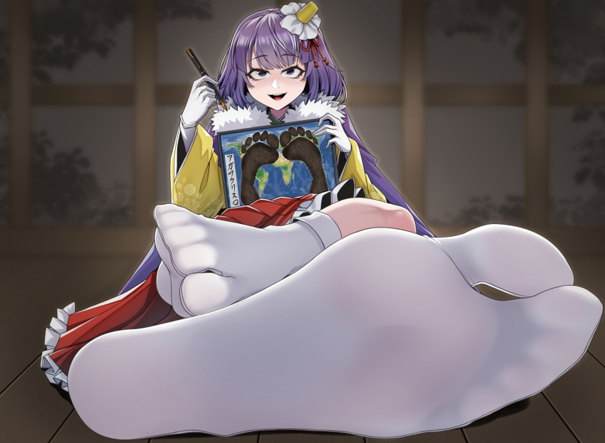 1girl absurdres feet hieda_no_akyuu highres light_blush looking_at_viewer medium_hair nib_pen_(object) open_mouth pen purple_eyes purple_hair soles tabi touhou tsa