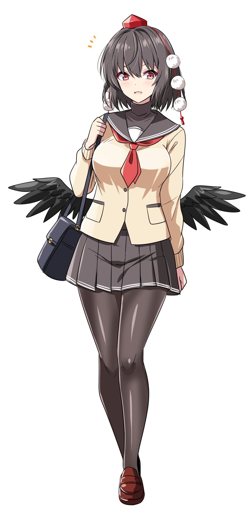 1girl absurdres alternate_costume bag bird_wings black_skirt black_wings blush breasts brown_cardigan brown_hair brown_pantyhose cardigan commentary_request full_body hat highres loafers looking_at_viewer neckerchief open_mouth pantyhose pleated_skirt pom_pom_(clothes) red_eyes red_hat red_neckerchief rise_(rise19851203) school_uniform shameimaru_aya shoes simple_background skirt smile solo tokin_hat touhou white_background wings