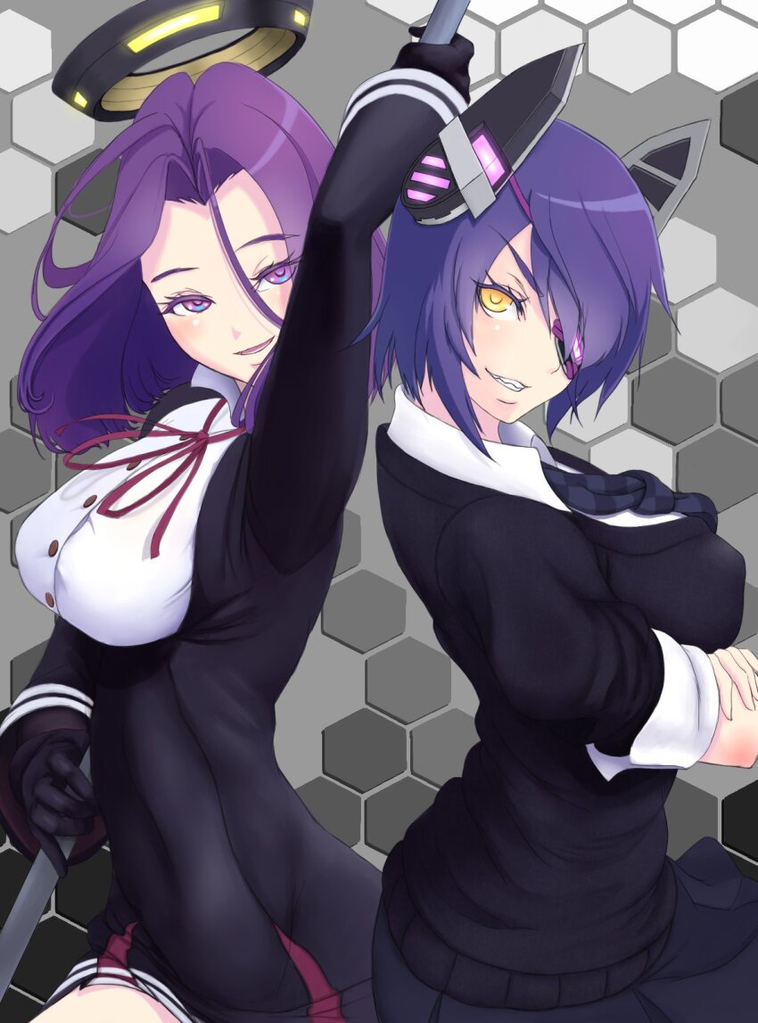 2girls back-to-back black_dress black_gloves black_sweater checkered_necktie collared_shirt dress dress_shirt eyepatch gloves hair_between_eyes hair_intakes halo headgear highres honeycomb_(pattern) honeycomb_background kantai_collection loose_hair_strand mechanical_halo multiple_girls necktie purple_eyes purple_hair shirt short_hair sweater tatsuta_(kancolle) tenryuu_(kancolle) tussy white_shirt yellow_eyes