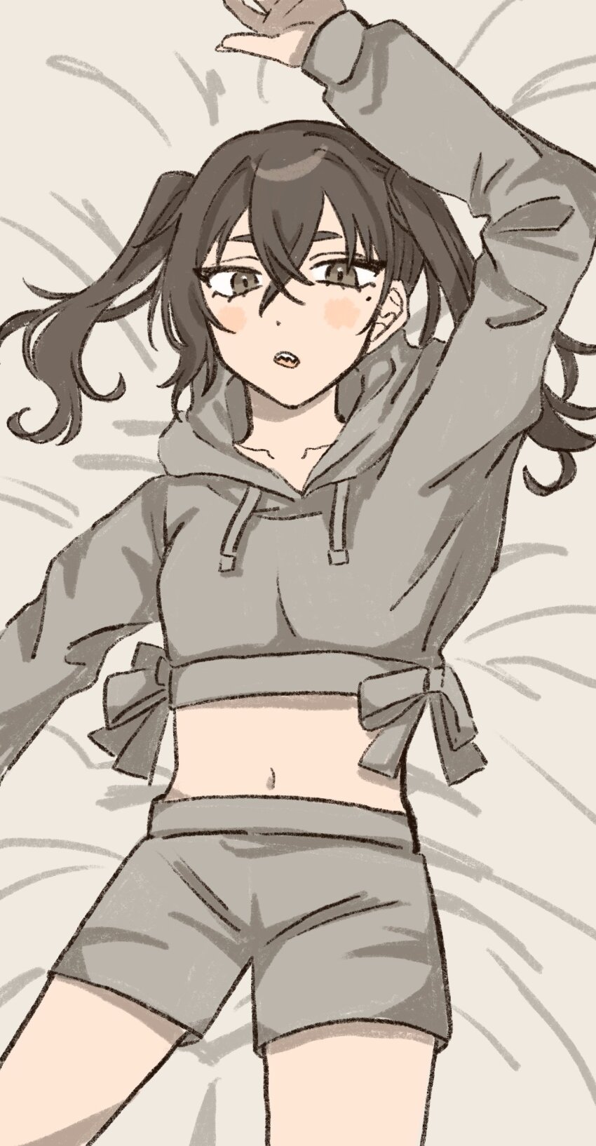 1girl absurdres bed_sheet black_eyes black_hair breasts cowboy_shot crop_top crossed_bangs grey_hood grey_shorts hair_between_eyes hamuchosu highres idolmaster idolmaster_cinderella_girls light_blush long_sleeves looking_at_viewer lying medium_hair midriff mole mole_under_eye navel on_back open_mouth sharp_teeth short_shorts shorts small_breasts solo sunazuka_akira teeth twintails