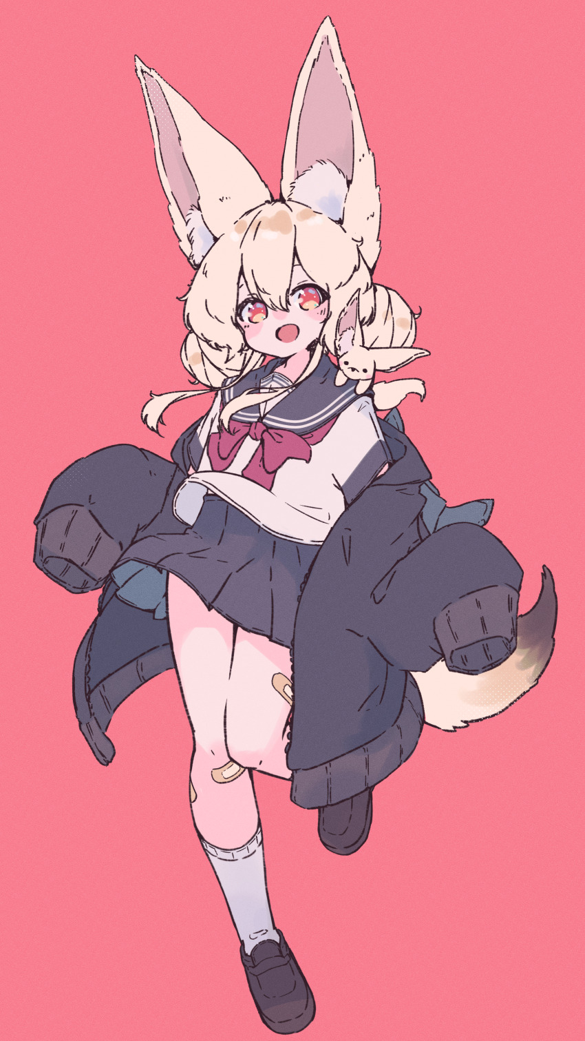 1girl absurdres animal animal_ear_fluff animal_ears animal_on_shoulder bandaid bandaid_on_leg blonde_hair brown_footwear coat double-parted_bangs double_bun fennec_fox fox_ears fox_girl fox_tail full_body grey_coat grey_sailor_collar grey_skirt hair_between_eyes hair_bun highres large_ears loafers long_hair long_sleeves megateru open_clothes open_coat open_mouth original pleated_skirt red_background red_eyes sailor_collar school_uniform serafuku shoes sidelocks skirt sleeves_past_fingers sleeves_past_wrists smile socks solo standing standing_on_one_leg tail white_socks