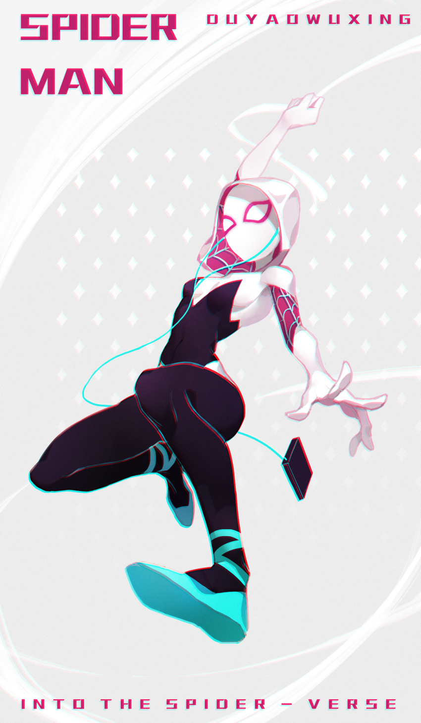 1girl ballet_slippers bodysuit breasts cable chromatic_aberration digital_media_player dywx_poison earbuds earphones full_body gwen_stacy highres hood hooded_bodysuit jumping marvel mask narrow_waist silk skin_tight spider-gwen spider-man:_into_the_spider-verse spider-man_(series) spider-verse spider_web spider_web_print superhero_costume