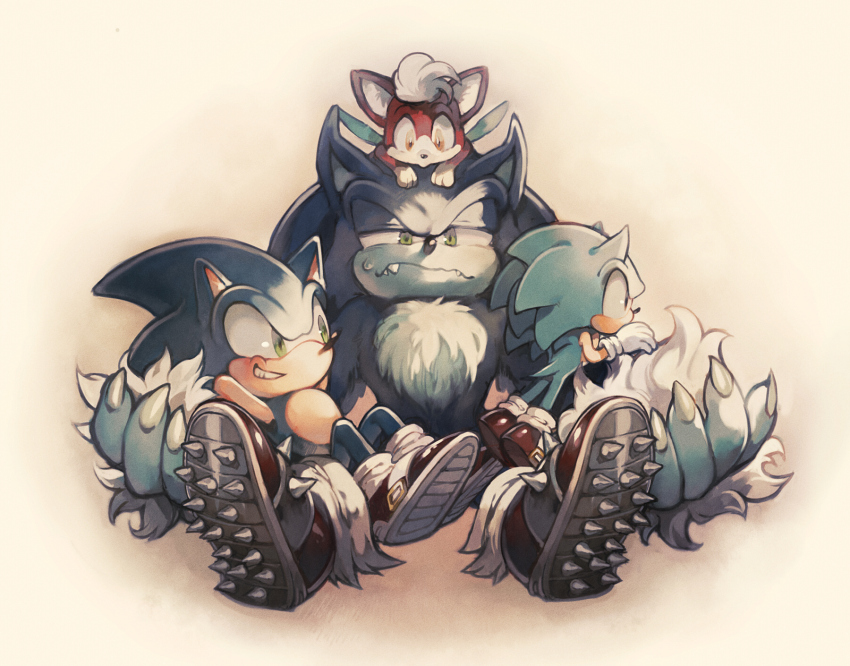 4boys aoki_(pixiv60197) blue_fur chip_(sonic) claws fang gloves green_eyes highres lying multicolored_fur multiple_boys multiple_persona pixiv red_fur shoes sitting smile socks sonic_(series) sonic_the_hedgehog sonic_the_werehog sonic_unleashed spiked_boots spiked_hair werewolf white_fur white_gloves white_socks wings