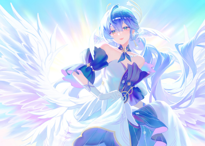 1girl angel_wings aqua_eyes backlighting bare_shoulders collar commentary_request cowboy_shot detached_sleeves dress earrings feathered_wings floating_hair gloves hair_between_eyes halo head_wings highres honkai:_star_rail honkai_(series) jewel_under_eye jewelry long_hair looking_at_viewer open_mouth purple_collar purple_dress purple_hair purple_sleeves ria_(yfvv_ria) robin_(honkai:_star_rail) skirt_hold solo strapless strapless_dress two-tone_dress very_long_hair white_dress white_gloves white_wings wings