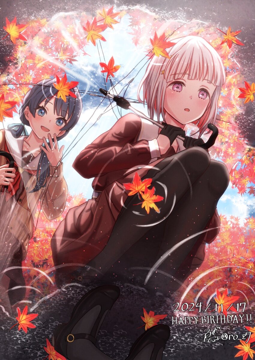 2girls :d after_rain autumn autumn_leaves black_choker black_footwear black_gloves black_pantyhose blue_eyes blue_hair blue_ribbon blush bob_cut brown_cardigan brown_dress cardigan choker colored_inner_hair commentary_request dark_blue_hair dated diagonal_bangs dress female_pov gloves grey_hair hair_ornament hair_ribbon half_gloves hampem7 happy_birthday hasu_no_sora_school_uniform highres holding holding_umbrella inverted_bob leaf light_particles link!_like!_love_live! long_hair long_sleeves looking_at_another love_live! low_twintails maple_leaf medium_dress multicolored_hair multiple_girls murano_sayaka neckerchief open_cardigan open_clothes open_mouth outdoors pantyhose pink_eyes pov puddle red_hair red_neckerchief reflection reflection_focus ribbon ripples sailor_collar sailor_dress school_uniform shoes short_hair signature smile solo_focus squatting star_(symbol) star_hair_ornament streaked_hair transparent transparent_umbrella twintails twitter_username umbrella virtual_youtuber white_sailor_collar winter_uniform yugiri_tsuzuri