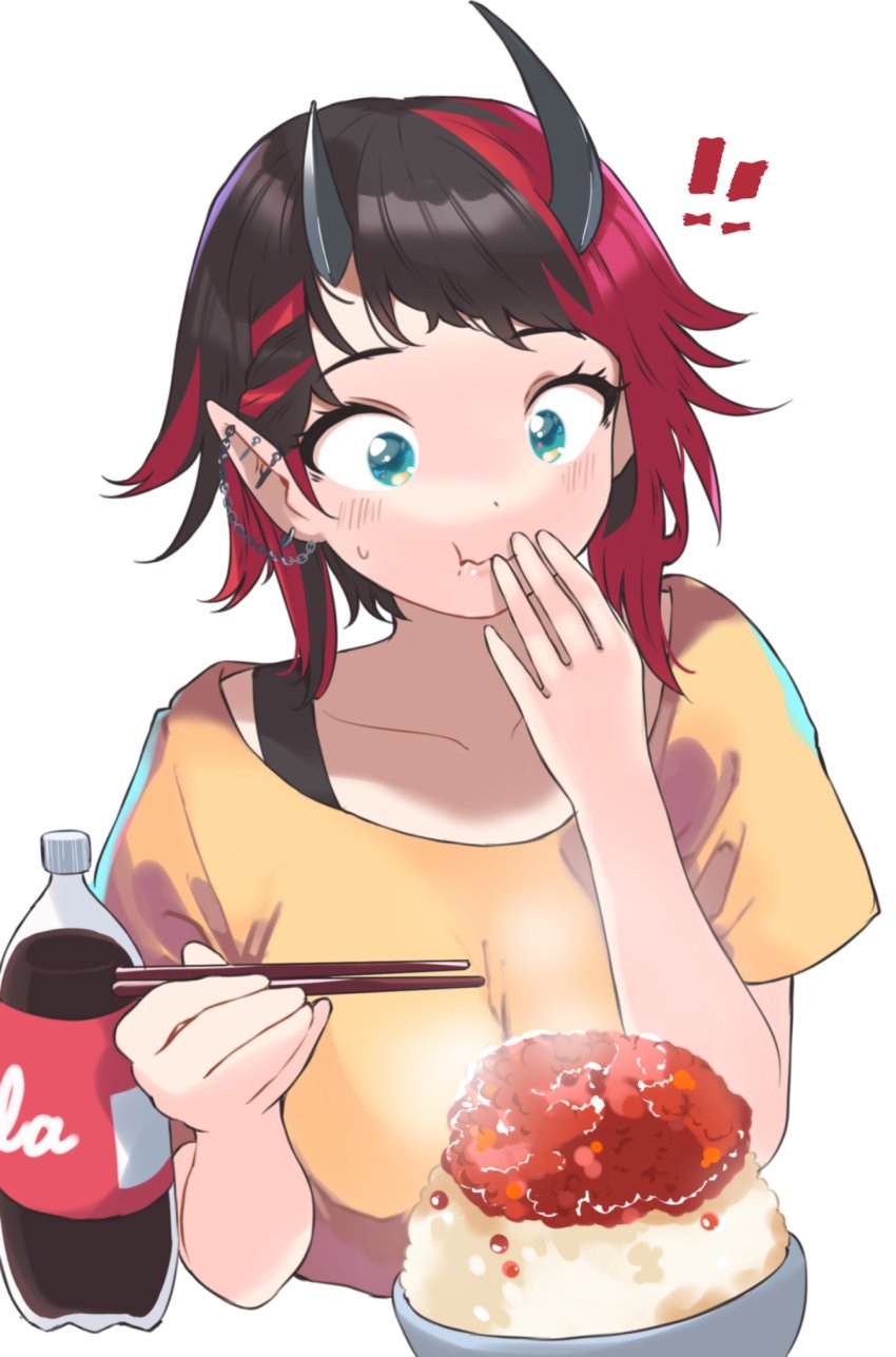 ! !! 1girl :t alternate_costume black_hair black_tank_top blue_eyes blush bottle breasts chopsticks closed_mouth cola commentary_request demon_girl demon_horns eating fish_(food) highres holding holding_chopsticks horns ikura_(food) large_breasts looking_down multicolored_hair nanashi_inc. pointy_ears red_hair rice ryugasaki_rene shirt short_hair simple_background solo sugar_lyric tank_top two-tone_hair upper_body virtual_youtuber white_background yellow_shirt zono_(inokura_syuzo029)