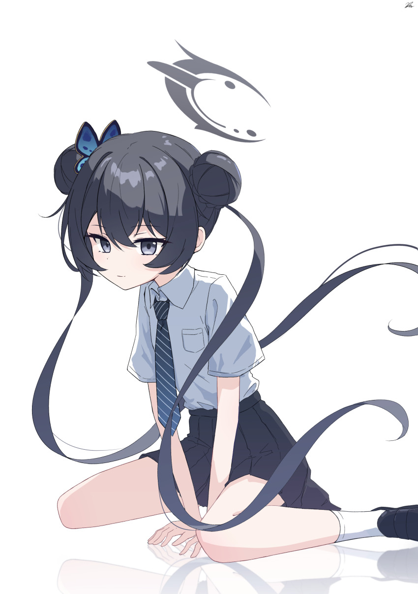 1girl absurdres black_hair black_skirt blue_archive butterfly_hair_ornament collared_shirt commentary_request diagonal-striped_clothes diagonal-striped_necktie double_bun floating_hair grey_eyes grey_halo hair_bun hair_ornament halo highres kiroshi kisaki_(blue_archive) kisaki_(school_uniform)_(blue_archive) long_hair looking_at_another looking_at_viewer miniskirt necktie pleated_skirt school_uniform shirt short_sleeves simple_background sitting skirt socks solo striped_clothes twintails v_arms wariza white_background white_shirt white_socks