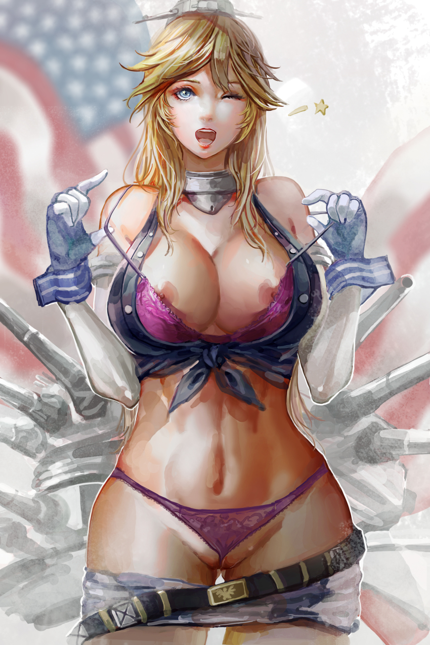 10s 1girl ;d absurdres american_flag bare_shoulders belt blonde_hair blurry blurry_background bra breasts cannon cleavage clothes_pull cowboy_shot erinerin99 eyelashes eyeliner eyeshadow female_focus fingerless_gloves front-tie_top gloves headgear highres holding_strap iowa_(kancolle) kantai_collection large_breasts lipstick long_hair makeup miniskirt navel nipple_slip nipples one_eye_closed open_mouth panties partially_visible_vulva purple_bra purple_panties red_lips revision ship_turret skindentation skirt skirt_pull sleeveless smile solo star_(symbol) stomach strap_gap strap_pull strap_slip underwear wedgie wrist_cuffs