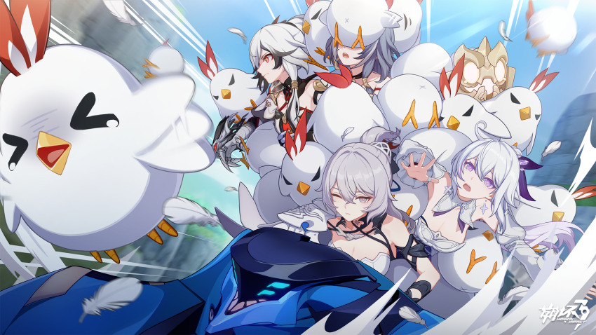 &gt;_&lt; 4girls ahoge bare_shoulders bird black_hair breasts bronya_zaychik bronya_zaychik_(silverwing:_n-ex) character_request chicken cleavage detached_sleeves dress fu_hua fu_hua_(crane_of_taixuan) fu_hua_(fenghuang_of_vicissitude) fu_hua_(garuda) fu_hua_(herrscher_of_sentience) grey_eyes grey_hair highres honkai_(series) honkai_impact_3rd jingwei_(bird) juliet_sleeves kiana_kaslana kiana_kaslana_(apho) kiana_kaslana_(herrscher_of_finality) large_breasts long_sleeves multicolored_hair multiple_girls official_art puffy_sleeves red_eyes strapless strapless_dress two-tone_hair white_hair