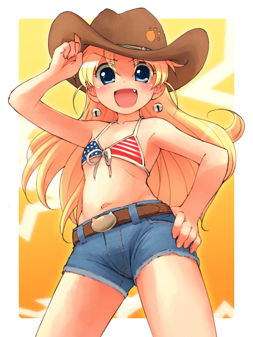 &gt;:d 1girl :d american_flag american_flag_bikini american_flag_print belt bikini bikini_top_only blonde_hair blue_eyes cowboy_hat cutoffs denim denim_shorts earrings fang female_focus flag_print flat_chest from_below front-tie_top hand_on_own_hip hat highres jewelpet_(series) jewelpet_twinkle jewelry long_hair looking_at_viewer miria_marigold_mackenzie navel non-web_source nyama open_mouth paw_print print_bikini shorts smile solo stomach swimsuit united_states v-shaped_eyebrows