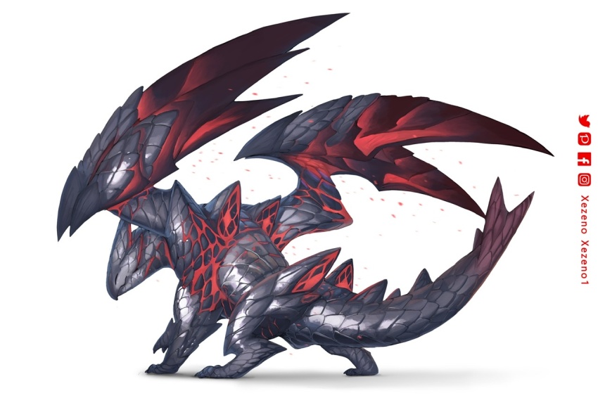 ^_^ animal_focus artist_name closed_eyes dragon full_body monster monster_hunter_(series) no_humans scales simple_background solo tail valstrax white_background wings xezeno