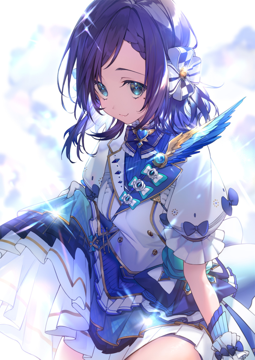 1girl aiba_uiha aiba_uiha_(1st_costume) amana_(pocketkey) blue_eyes blue_shirt blue_skirt buttons double-breasted feathers frilled_skirt frills highres idol_clothes long_hair mole mole_under_eye nijisanji puffy_short_sleeves puffy_sleeves purple_hair shirt short_sleeves skirt smile solo virtual_youtuber