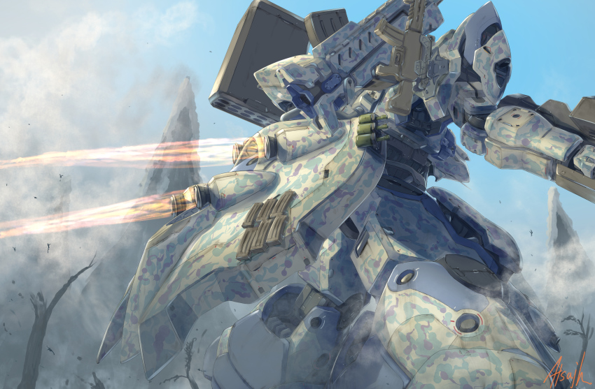 artist_name atsajh commission dust from_behind gun highres holstered mecha missile_pod no_humans original realistic robot science_fiction skeb_commission sky solo thrusters tree weapon