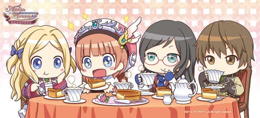 1boy 3girls :d astrid_zexis atelier_(series) atelier_rorona black_hair blonde_hair blue_eyes blunt_bangs blush_stickers brown_eyes brown_hair chibi chibi_only commentary_request copyright_name copyright_notice cuderia_von_feuerbach cup drinking eating food glasses hat holding holding_saucer logo long_hair multiple_girls official_art open_mouth pie pie_slice pink_hat plate rorolina_frixell saucer short_hair smile sterkenburg_cranach swept_bangs table tea_party teacup two_side_up