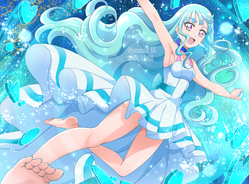 1girl aqua_hair barefoot blue_choker choker cure_lillian dated dress earrings hanzou henshin highres jewelry long_hair magical_girl nekoyashiki_mayu open_mouth pearl_earrings precure purple_eyes smile solo twitter_username white_dress wonderful_precure!