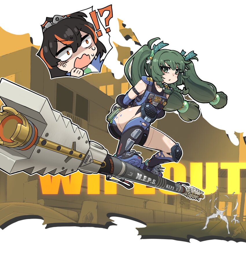 !? 2girls android arms_behind_back black_hair black_shirt black_shorts building commentary d-flag_shelter dragon_ball dragon_ball_(classic) english_commentary english_text ethereal_(zenless_zone_zero) floating floating_object floating_weapon full_body green_eyes green_hair highres knee_pads long_hair metal_hairband multicolored_hair multiple_girls orange_eyes outdoors parted_lips police police_uniform policewoman qingyi_(zenless_zone_zero) robot_girl shirt shoes shorts sleeveless sleeveless_shirt sneakers squatting staff standing_on_weapon streaked_hair sweat tao_pai_pai twintails zenless_zone_zero zhu_yuan